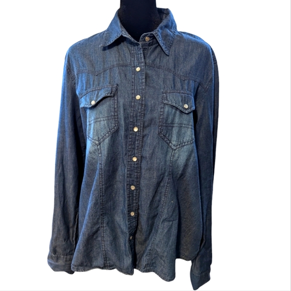 River Island Denim Pearl Snap Western Cowboy Style Women's Shirt XL - Picture 1 of 6